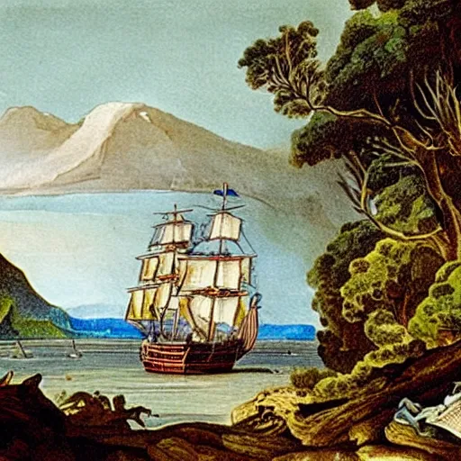 Image similar to Capitain Cook arriving in the bay of islands on the HMS Endeavour amongst dense New Zealand coastal forest, 1769 New Zealand, in the style of a Charles Emilius Gold watercolor