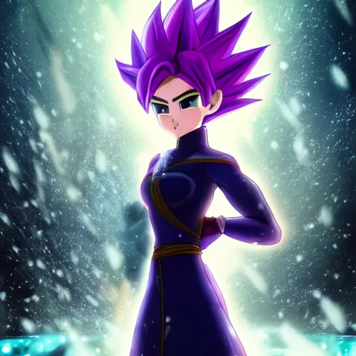 Image similar to portrait focus of Super Saiyan beautiful 3D anime gir!! frozen ice !! dark forest background, snowing, bokeh, inspired by Masami Kurumada, digital painting, high contrast, unreal engine render, volumetric lighting, high détail