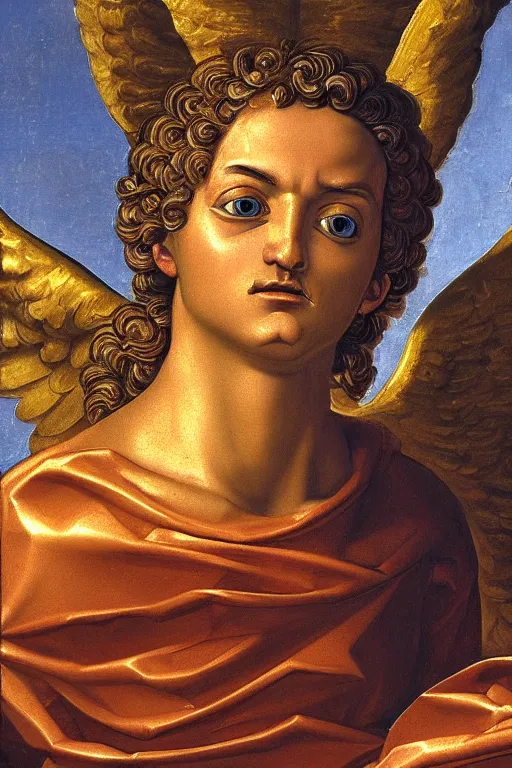 Prompt: archangel Michael, agony face, closeup, ultra detailed, made in gold, Guido Reni style