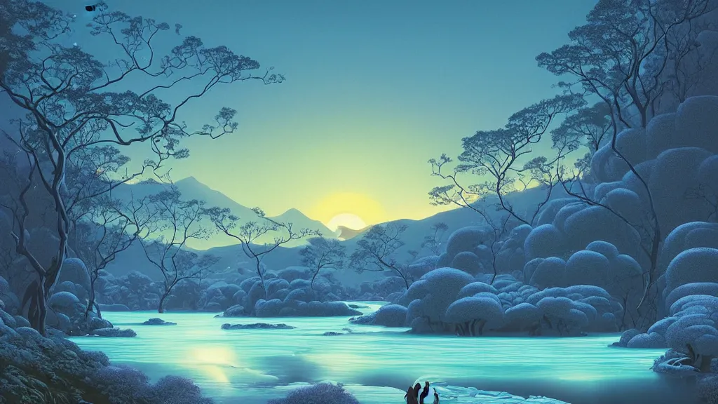 Image similar to digital painting of a lush river valley by gerald brom. blue river. cold icy winter day. sunset. chiho aoshima. digital render. detailed. beautiful landscape.