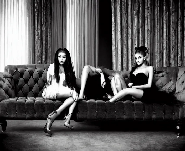 Image similar to award winning photo of Ariana Grande, Megan Fox sitting on a chesterfield lounge, symmetrical face, wide shot by Sally Mann & Arnold Newman,