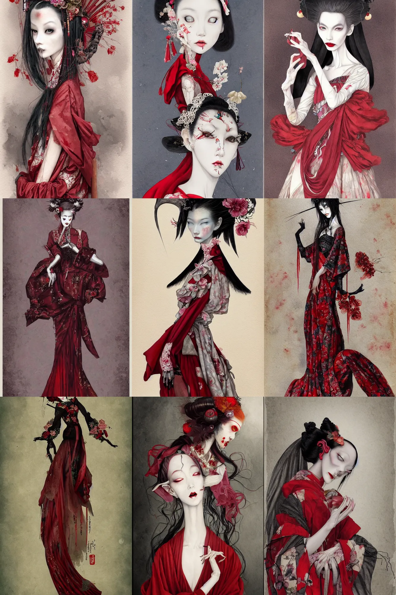 Prompt: watercolor painting avant - garde vogue fashion portrait of an emaciated japanese bjd geisha vampire queen with a long neck in a victorian lolitafashion red dress in the style of dark - fantasy painted by tom bagshaw, amy sol, nekro, intricate detail, artstation, artgerm, rococo