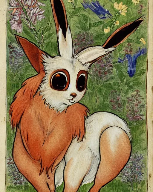 Image similar to a manuscript painting of Eevee in the style of the Rochester Bestiary, Ashmole Bestiary