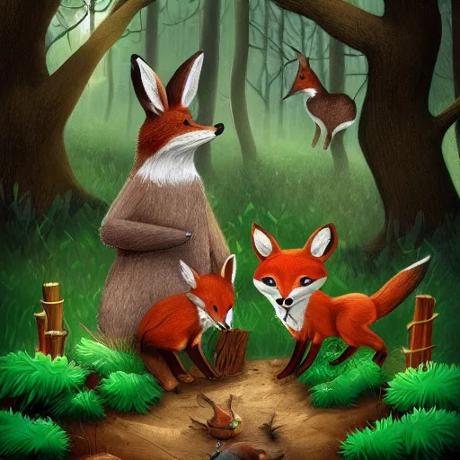 Prompt: 3 woodland critters, resistance, communist, bunny, mouse, fox, political meeting in the woods, antropomorphic, fantasy digital art, art station, green flags, green hats