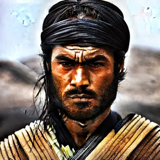 Image similar to handsome and strong! kurdish! samurai in a movie directed by christopher nolan, movie still frame, promotional image, imax 7 0 mm footage, perfect symmetrical facial features