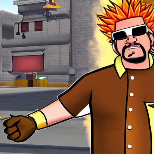 Image similar to in-game screenshot of Guy Fieri in Team Fortress 2 (2007)