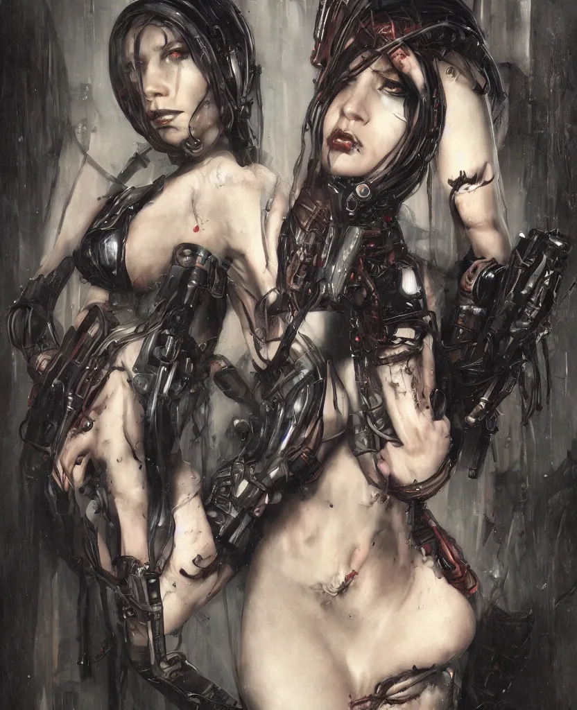 Image similar to a realistic portrait of a seductive cyberpunk woman, artstation contest winner, dark art, gerald brom, michael hussar, gothic, body horror, cronenberg