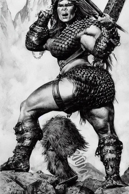 Prompt: A very big and strong barbarian woman wearing leather armor and chainmail in the mountains | menacing | powerful broad robust body | Frank Frazetta