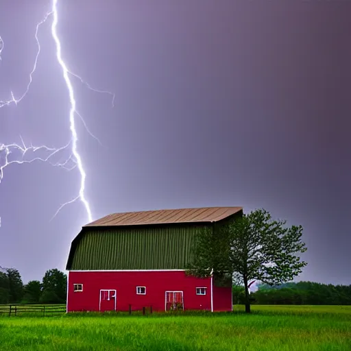 Image similar to lighting strikes at barn in the open fields, complementary colors