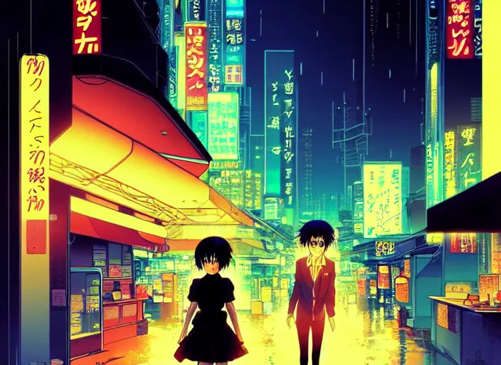 Image similar to editorial illustration colorful, anime city scene at night, katsuhiro otomo ilya kuvshinov, fine texture, realistic shading, ghost in the shell, fine details, matte colors, perfect face, dramatic lighting, dynamic composition, moody, vivid, volumetric, stippled lighting, big and cute eyes, cinematic, trending on artstation, kentaro miura