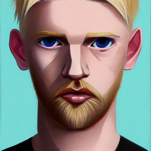 Image similar to thin blond man with blond hair long on top medium down the sides, blond beard, small chin, small nose, thin lips, English heritage, small blue eyes, small ears, pale skin, narrow face, digital art, painterly, cartoon, cute, 8k, illustration, art by loish, painterly, trending on artstation, medium shot, uncropped