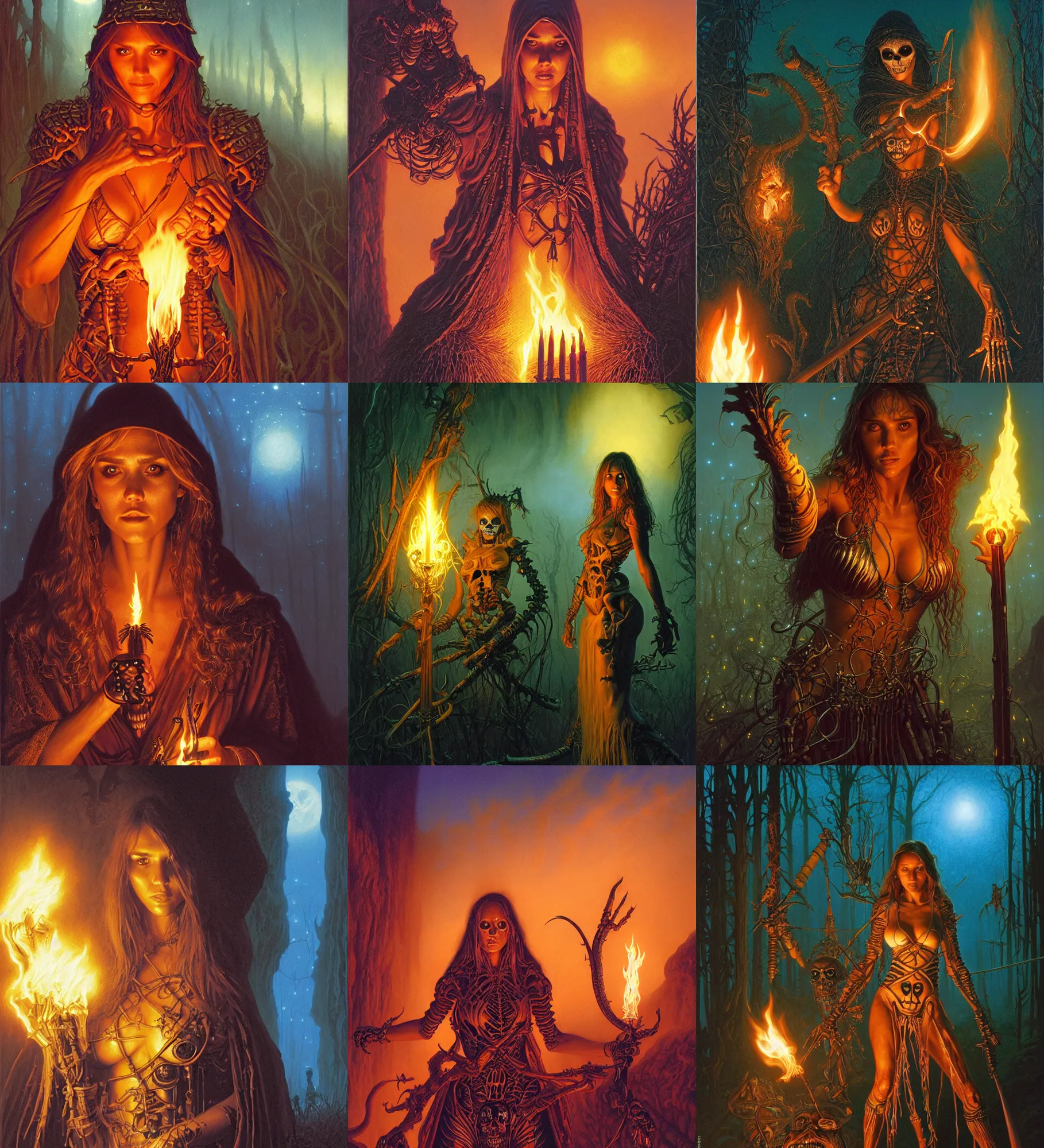 Prompt: priestess sorceress jessica alba action close - up portrait as skeletons approach, fog, fireflies, torch light, donato giancola, tim hildebrandt, wayne barlow, bruce pennington, larry elmore