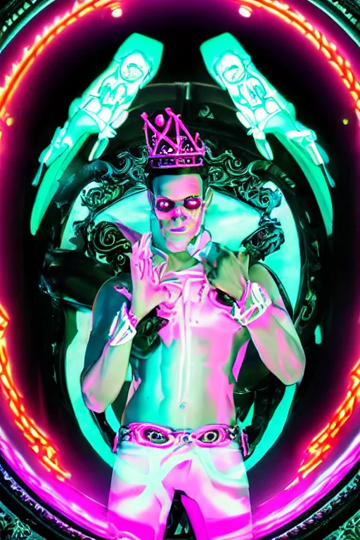 Image similar to full-body rococo and cyberpunk style neon statue of a young attractive Cubano macho dotado e rico android sim roupa reclining con las piernas abertas e la piroca dura, glowing white laser eyes, prince crown of mint gears, pink diamonds, swirling black-colored silk fabric. futuristic elements. black flowing tar. full-length view. space robots. human skulls. intricate artwork by caravaggio. Trending on artstation, octane render, cinematic lighting from the right, hyper realism, octane render, 8k, depth of field, 3D