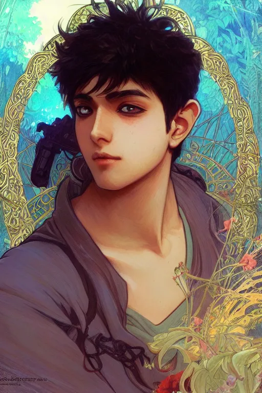 Prompt: pakistani teenage boy as an anime protagonist, fantasy, intricate, elegant, highly detailed, digital painting, artstation, concept art, smooth, sharp focus, illustration, art by gaston bussiere and alphonse mucha