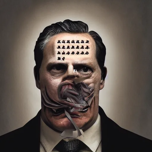 Image similar to A politician loses his face, extreme detail, distortions, shadows, brushes, octane render, 8k by Dave McKean