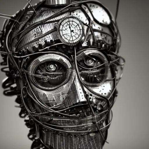 Prompt: clockwork man made of wires and tin, eyes shone bright in the night, bereft of soul and cast without a skin, he shambled and cried a plaintive plight, cinematic, rule of thirds.