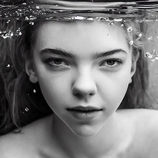 Image similar to a beautiful girl like anya taylor - joy floating under the deep water, white petal, by personal photography, art by brookskim, closeup, 4 k, highly detailed, instagram,