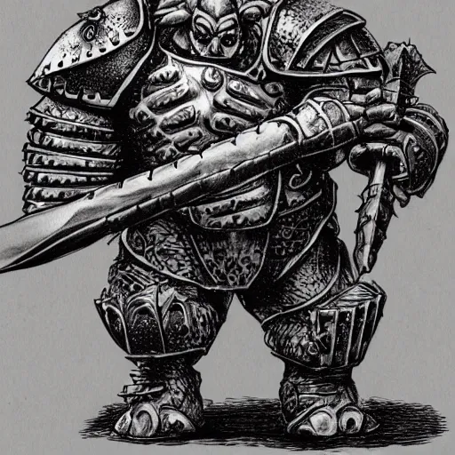 Image similar to ogre warrior wearing plated armor who is holding a battle axe in the style of warhammer fantasy : : head and torso drawing