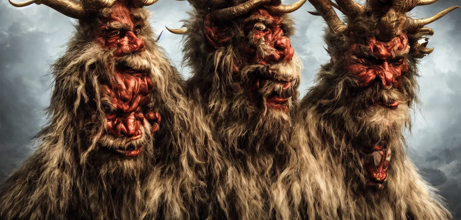 Image similar to hyperrealist highly detailed neo-baroque photography portrait of krampus standing in dolomites concept art pascal blanche dramatic studio lighting 8k wide angle shallow depth of field