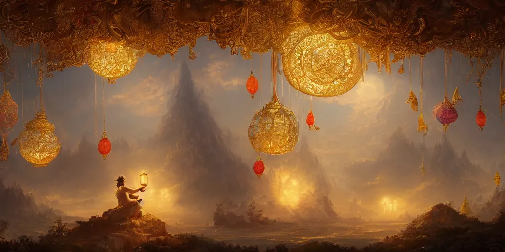 Image similar to painting of a god of wind enjoying his ornate heavenly palace, decorated with windchimes and paper lanterns, stunning nature in background, cinematic, 8 k, hyper detailed, digital art trending on artstation