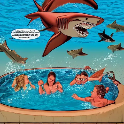 Prompt: sharks in a pool with a family outside during a cook out, in the style of ron english, in the secondary style of matt bors, by david wojnarowicz, shock art, poster art, 8 k concept art, trending on behance