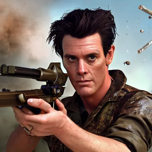 Image similar to hyperrealistic image of ace ventura firing an lmg, stunning 3 d render, inspired by istvan sandorfi & greg rutkowski & unreal engine, perfect symmetry, dim volumetric cinematic lighting, 8 k octane comprehensive render, extremely hyper - detailed, incredibly lifelike attributes, intricate, real flesh texture, masterpiece, artstation, stunning,