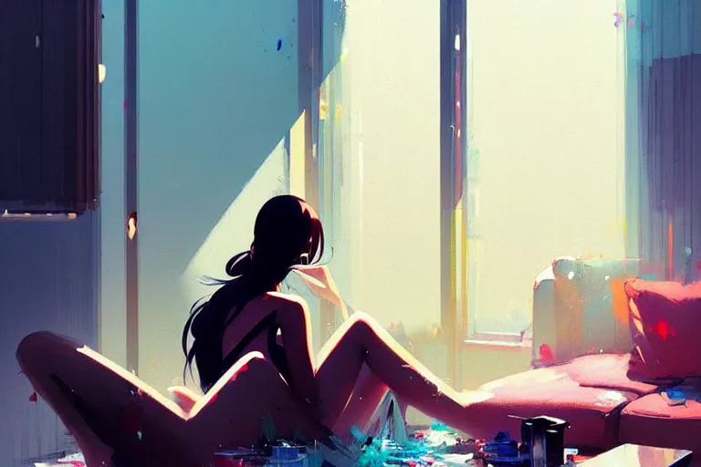 Image similar to a ultradetailed beautiful panting of a stylish woman sitting in a messy apartment, by makoto shinkai, conrad roset and greg rutkowski, trending on artstation