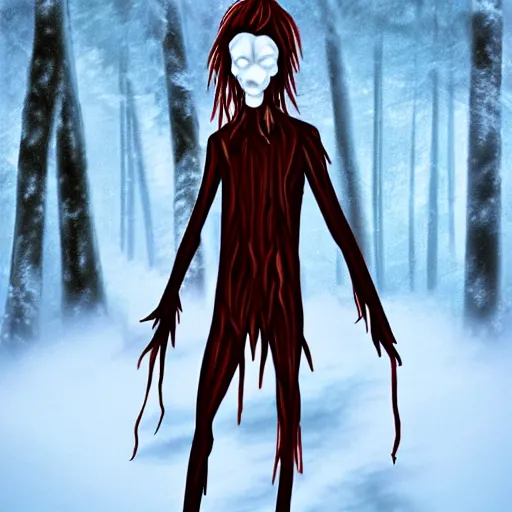 Image similar to horrifying digital art of a blood soaked skinwalker, lanky, skinny, pale skin, snow, forest, dark, horrifying