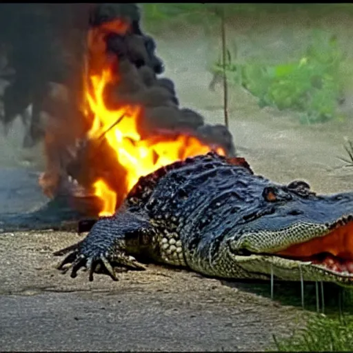 Image similar to found footage of an alligator living in a cottage on fire