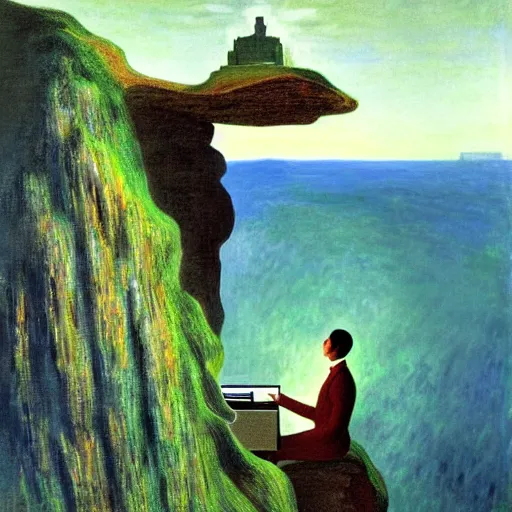 Image similar to A man climbs a cliff while coding A.I. on a laptop - award-winning digital artwork by Dali and Monet. Stunning lighting