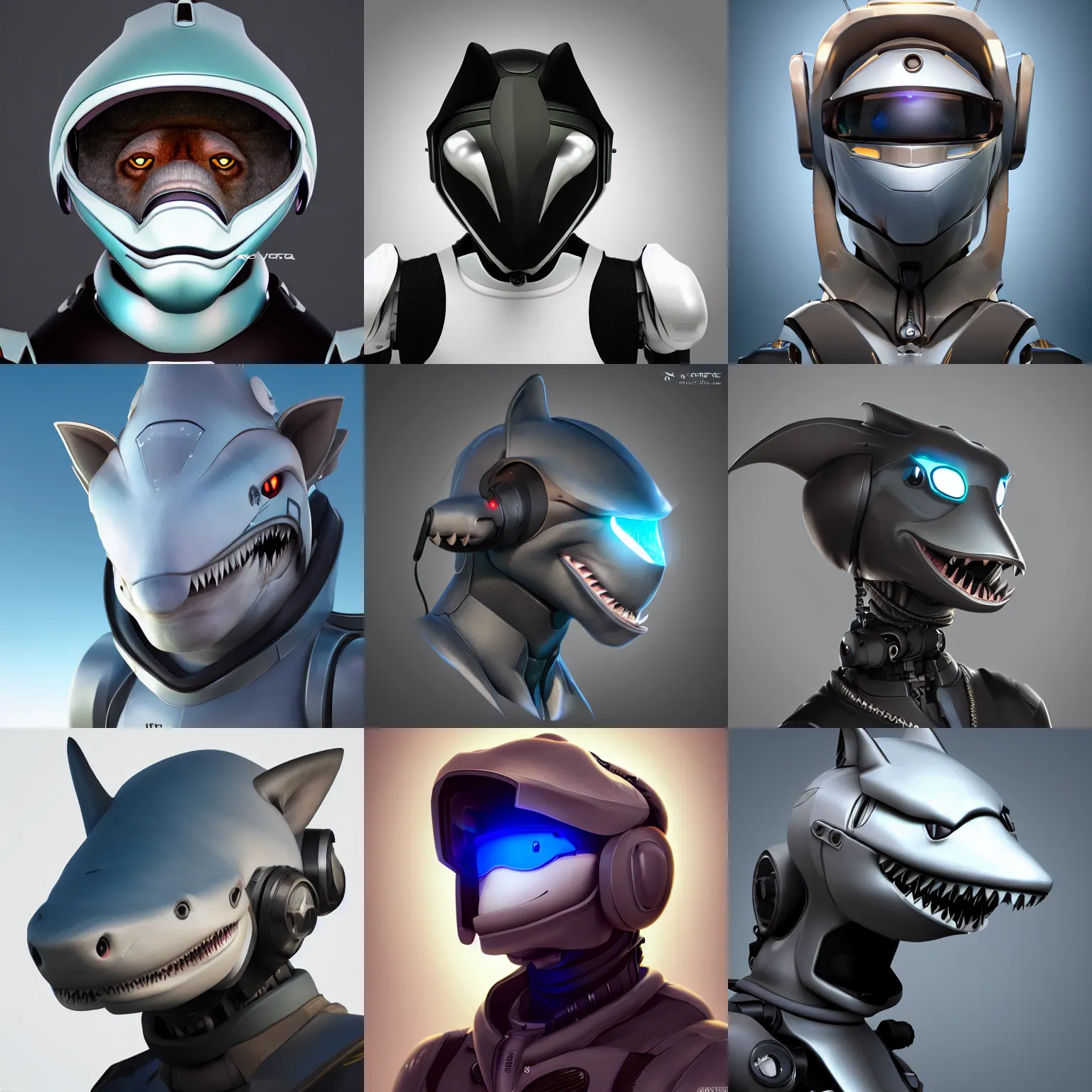 Prompt: very very beautiful furry art, bust profile picture of a male robotic anthro shark, dark visor covering face, snout extending out from under visor, commission on furaffinity, cgsociety, octane render, disney