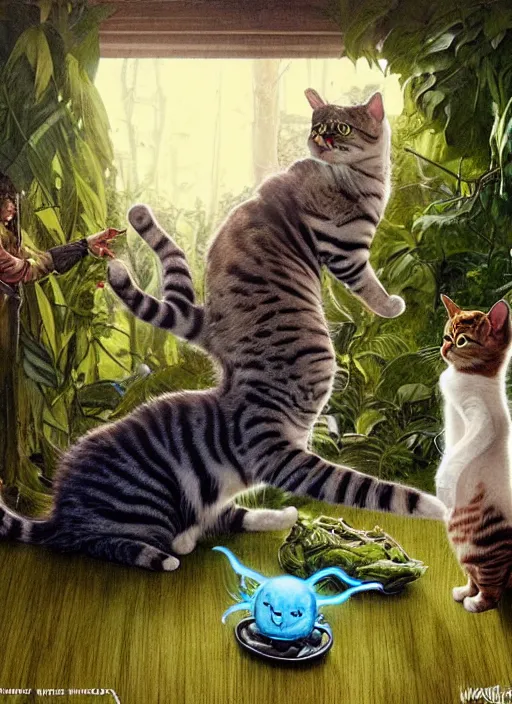 Image similar to a hyper realistic cat meeting an alien. and sunbeams blue sky, lush forest foliage painting by chiara bautista and norman rockwell and greg rutkowski weta studio, and lucasfilm