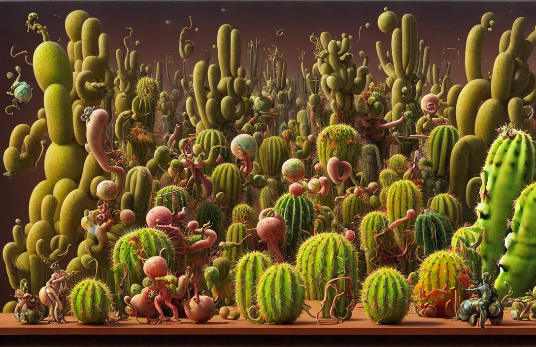 Image similar to a still life of robotic fruit and cactus in the style of wayne barlowe, gustav moreau, peter mohrbacher, bussiere, roberto ferri, santiago caruso, luis ricardo falero, austin osman spare, boris vallejo, hajime sorayama, dali