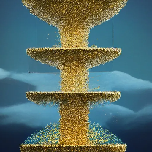 Prompt: a river of gold snaking up a crystal tower, teal sky