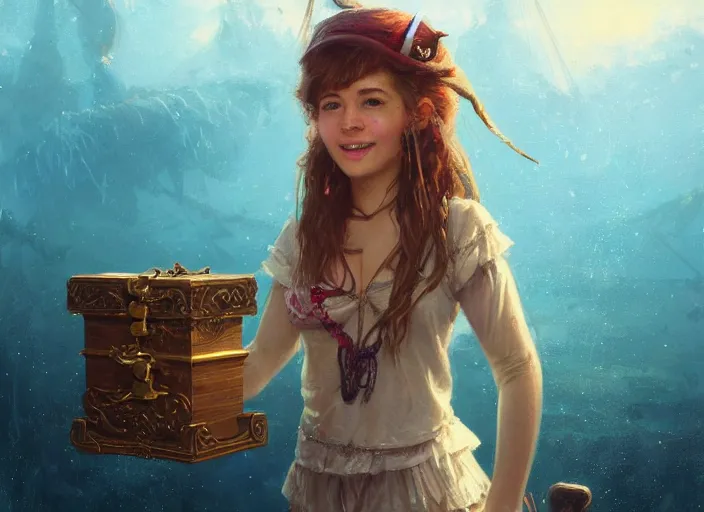 Image similar to full body picture of a pirate girl, looking at the treasure box, hard breathing, messy hair, very excited, smiling, sparkling eyes, magic and fantasy, whale monsters, beautiful and aesthetic and attractive and detailed face, specular reflection, occlusion shadow, intricate, bokeh, masterpiece, by ilya kuvshinov and jeremy lipking and quentin mabille