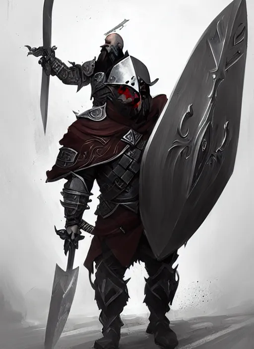 Prompt: epic bearded war commander with gigantic sword and large shield. highly detailed, digital painting, concept art, smooth, sharp focus, illustration, art by greg rutkowski
