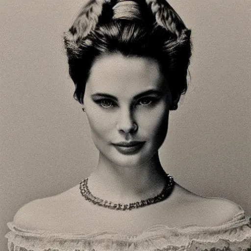 Image similar to victorian photograph of grace kelly, angelina jolie, 1 8 9 0 s photography, 1 9 0 0, realistic face, symmetrical face, detailed, grainy, edwardian, old photo