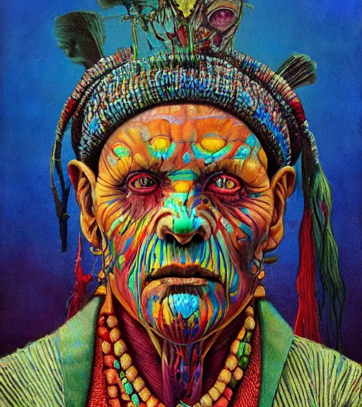 Image similar to Portrait painting in a style of Beksinski mixed with Alex Grey of an old shaman dressed in a colorful traditional clothes.