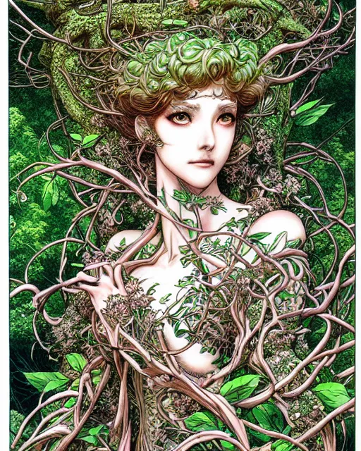 Image similar to hyper detailed illustration of the goddess of nature, forest dryad, intricate linework, lighting poster by moebius, ayami kojima, 90's anime, retro fantasy