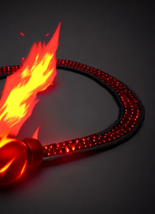 Image similar to rpg item, a black necklace with a bright red diamond in flames, Unreal 5, DAZ, hyperrealistic, rpg style, octane render, dynamic lighting