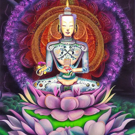 Image similar to a beautiful surrealist painting of a 1 0 0 0 armed quan yin robot sitting in prayer in the lotus garden in the style of hanna yata, digital art h 1 0 2 4