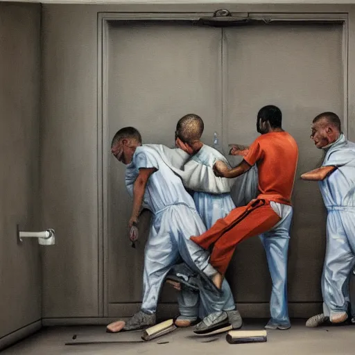 Prompt: hyperrealism painting of prisoners scheming in prison cell to escape prison while guards distracted