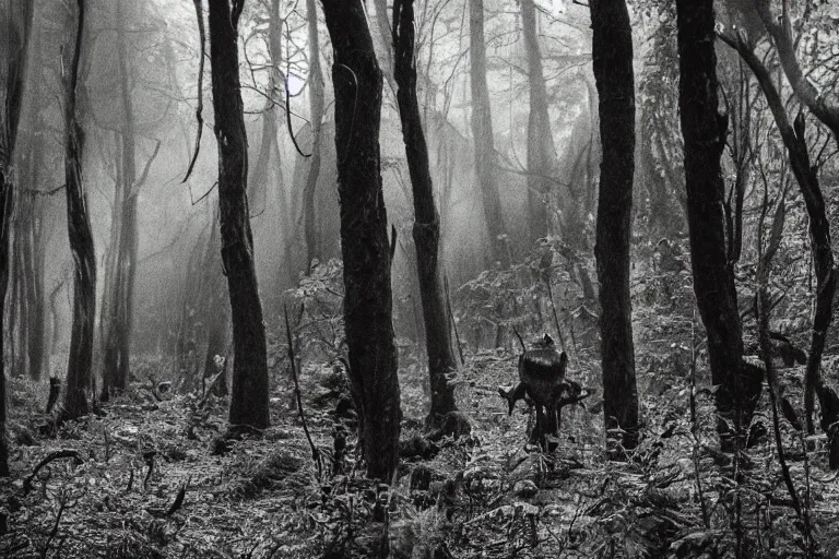 Image similar to photo of monsters lurking on the forest, unsettling atmosphere, eerie, bizarre, horror