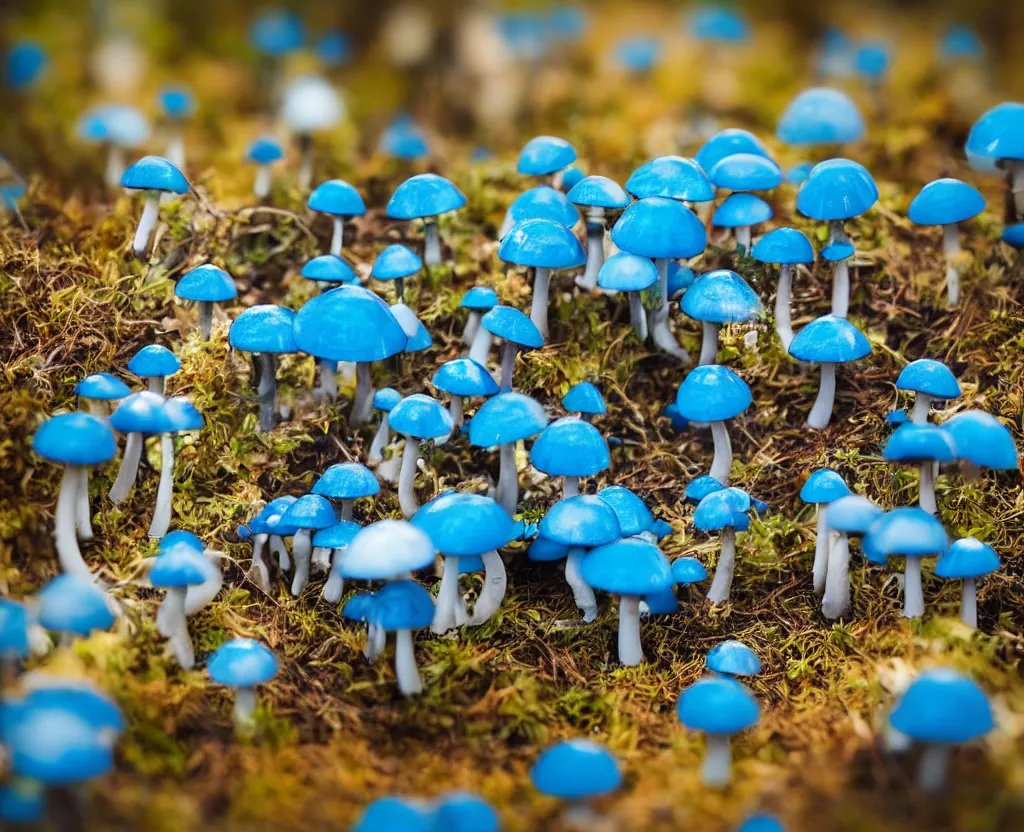 Image similar to blue forest, glowing mushrooms, sigma lens, strong bokeh, photography, highly detailed, 8 5 mm, f / 1. 3