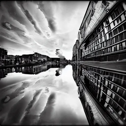 Image similar to lomography street photo wide angle clouds high contrast reflection, optical illusion