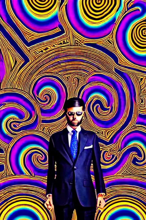 Prompt: psychedelic trippy dmt magnanimous opulent sophisticated businessman in an expensive business suit