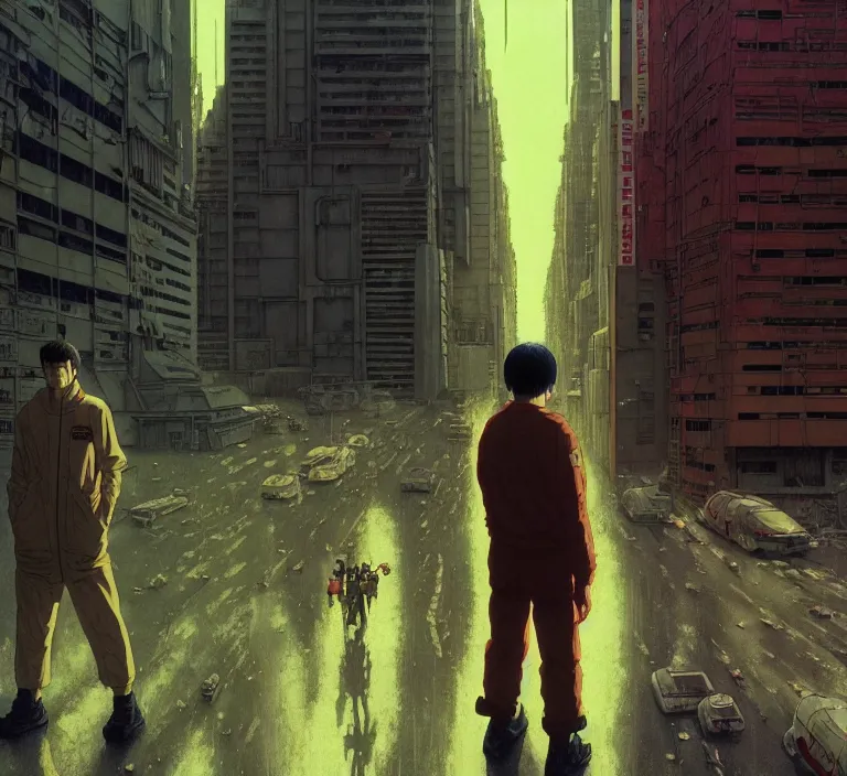 Image similar to realistic aesthetic highly detailed photography of characters in akira scene, characters with hyperrealistic highly detailed faces. from akira by katsuhiro otomo and alejandro hodorovski and denis villeneuve and gregory crewdson style with many details by mike winkelmann and vincent di fate in sci - fi style. volumetric natural light hyperrealism photo on dsmc 3 system
