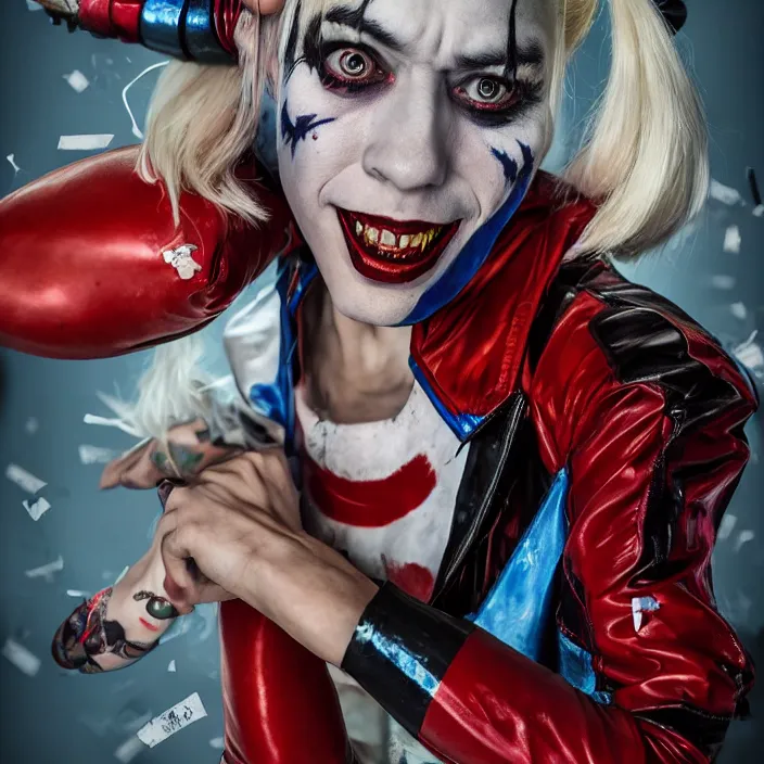 Prompt: portrait of Nathan Fielder as a harley quinn in Suicide Squad. intricate abstract. intricate artwork. by Tooth Wu, wlop, beeple, dan mumford. octane render, trending on artstation, greg rutkowski very coherent symmetrical artwork. cinematic, hyper realism, high detail, octane render, 8k, iridescent accents