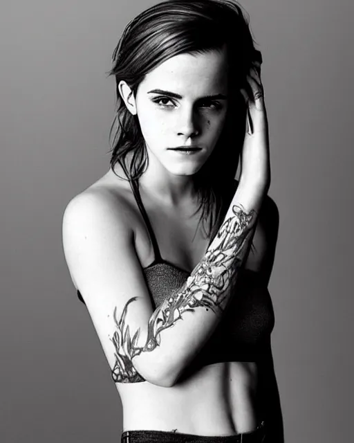 Image similar to emma watson, dope tattoo, hyperrealistic