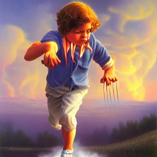 Prompt: a disappearing running child holding scissors in hand disappears evaporates dissolves into vapor, mist, smoke, a detailed matte painting by John Philip Falter and Jason Edmiston